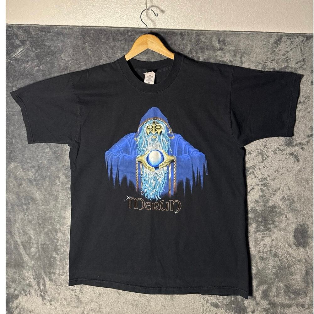 Vintage 90s Merlin Wizard T Shirt XL Fruit Of The Loom Heavy Cotton Hewlin UK